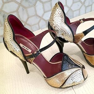 Very Elegant Miu Miu Sequin Peep Toe High Heals Made in Italy, Size 38
